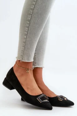 Czółenka Na Niskim Obcasie Z Ozdobą Eko Zamszowe S.Barski KV27-034 Czarne