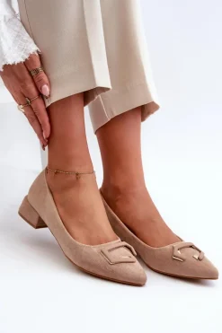 Czółenka Na Niskim Obcasie Z Ozdobą Eko Zamszowe S.Barski KV27-034 Beżowe