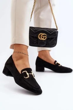 Czółenka Na Niskim Obcasie Klocku Z Ozdobą Czarne Dolvira