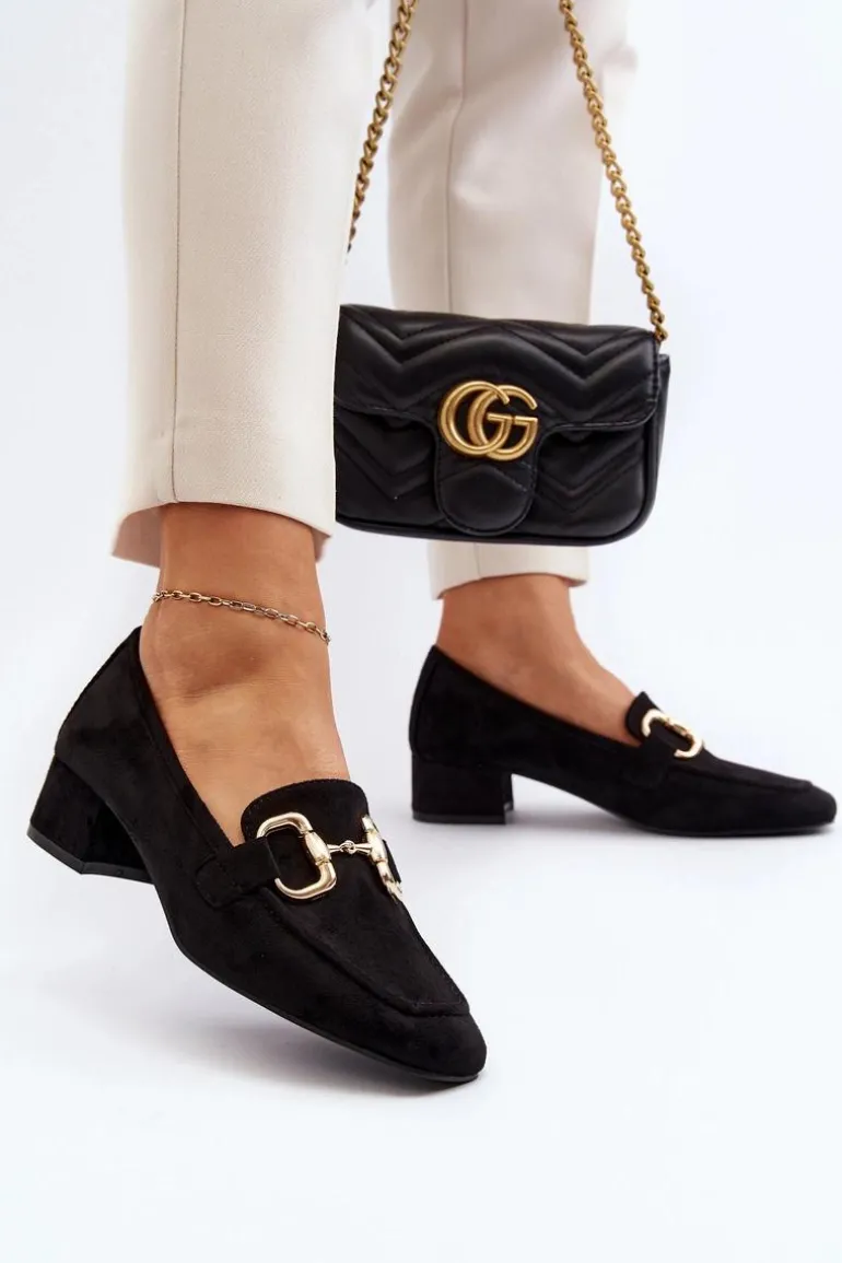 Czółenka Na Niskim Obcasie Klocku Z Ozdobą Czarne Dolvira