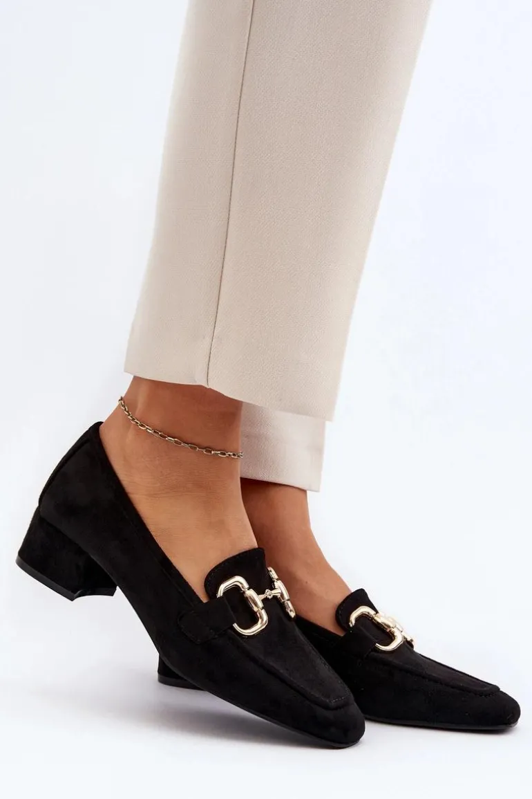 Czółenka Na Niskim Obcasie Klocku Z Ozdobą Czarne Dolvira