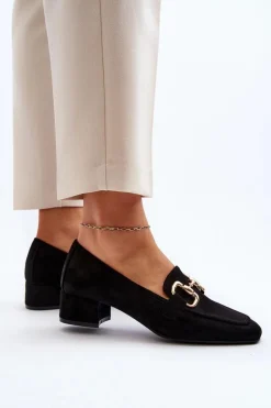 Czółenka Na Niskim Obcasie Klocku Z Ozdobą Czarne Dolvira