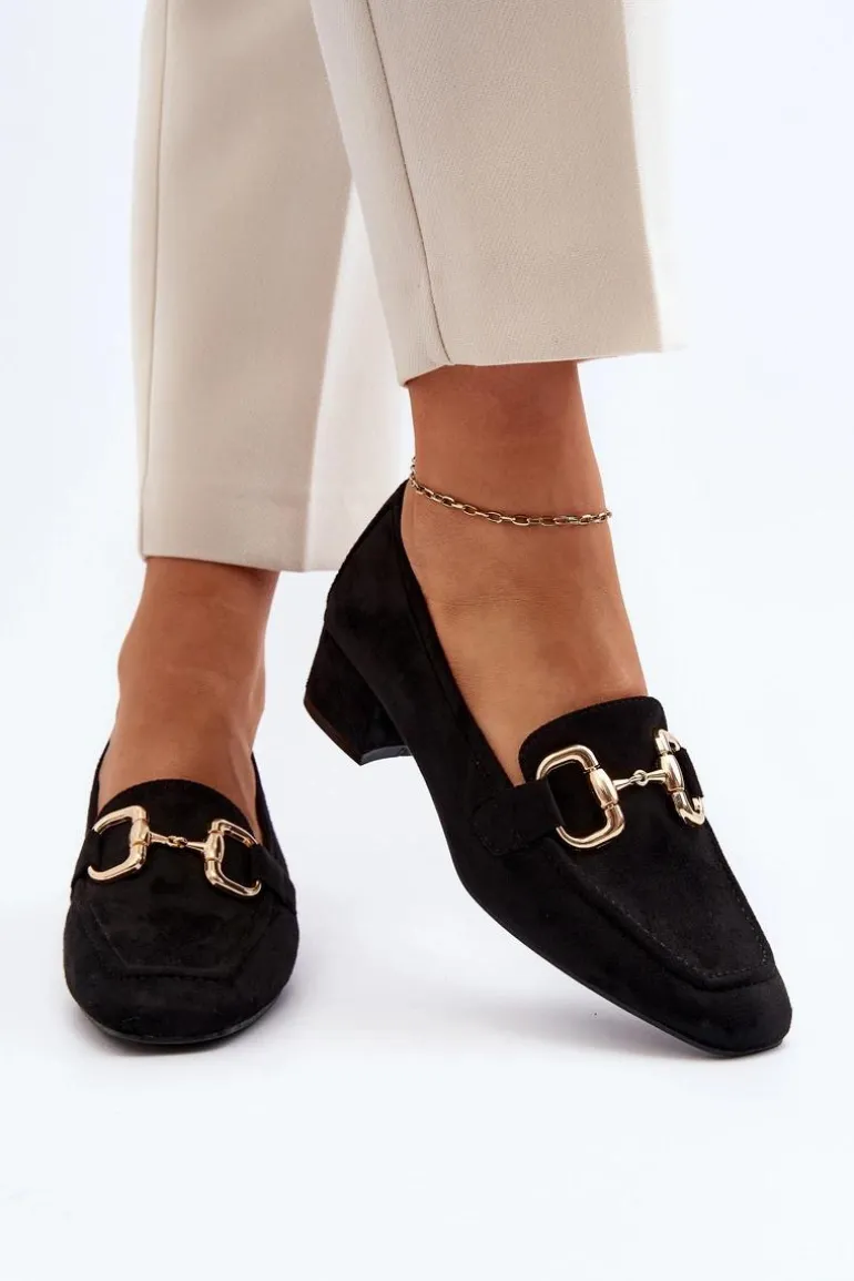 Czółenka Na Niskim Obcasie Klocku Z Ozdobą Czarne Dolvira