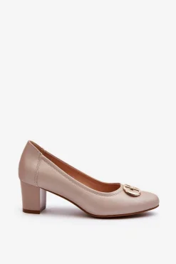 Czółenka Na Niskim Słupku Z Ozdobą Beżowe Aeliris