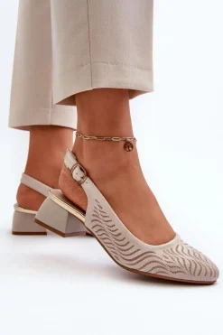 Czółenka Na Obcasie Klocku Beżowe Gemifa