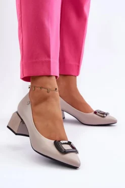 Czółenka Na Obcasie Klocku Z Ozdobą Eko Skórzane Szare Sarala