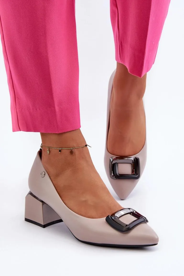 Czółenka Na Obcasie Klocku Z Ozdobą Eko Skórzane Szare Sarala