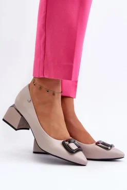 Czółenka Na Obcasie Klocku Z Ozdobą Eko Skórzane Szare Sarala