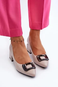 Czółenka Na Obcasie Klocku Z Ozdobą Eko Skórzane Szare Sarala