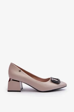 Czółenka Na Obcasie Klocku Z Ozdobą Eko Skórzane Szare Sarala