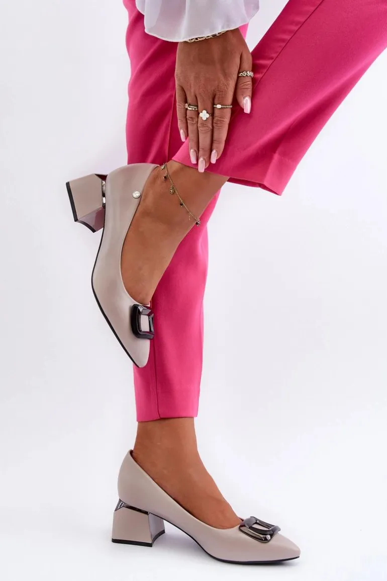 Czółenka Na Obcasie Klocku Z Ozdobą Eko Skórzane Szare Sarala