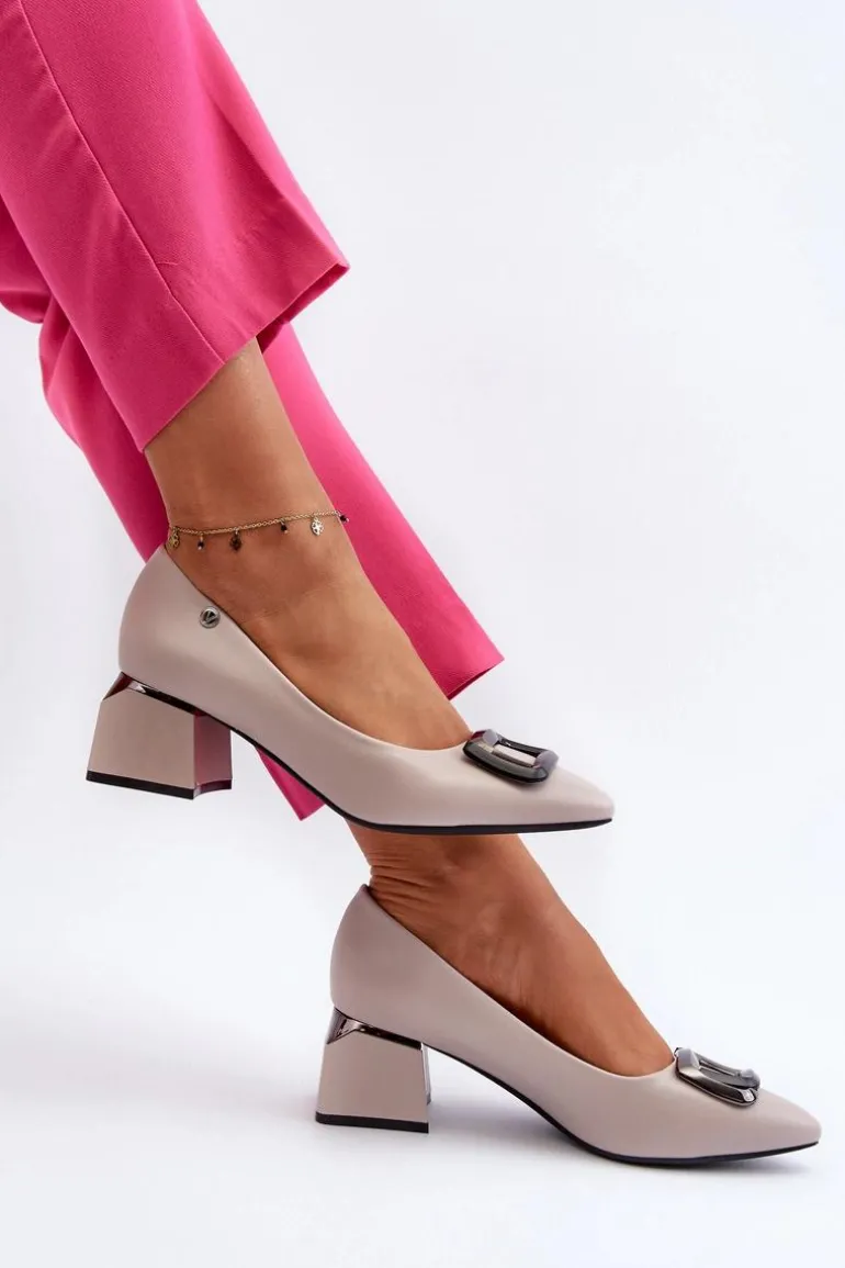 Czółenka Na Obcasie Klocku Z Ozdobą Eko Skórzane Szare Sarala