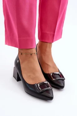 Czółenka Na Obcasie Klocku Z Ozdobą Eko Skórzane Czarne Sarala