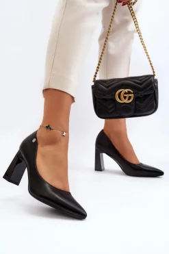 Czółenka Na Słupku Eko Skóra Czarne Giseleni