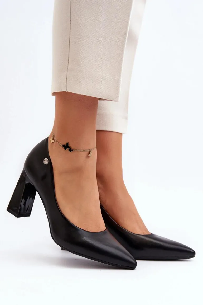 Czółenka Na Słupku Eko Skóra Czarne Giseleni