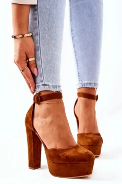 Czółenka Na Słupku Platformie Zamszowe Camel Netel