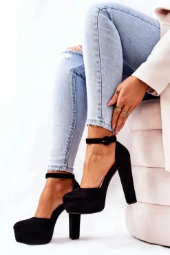 Czółenka Na Słupku Platformie Zamszowe Czarne Netel