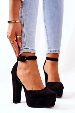 Czółenka Na Słupku Platformie Zamszowe Czarne Netel