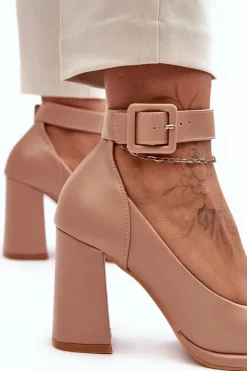 Czółenka Na Słupku Z Klamrą Beżowe Idovana