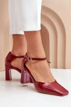 Czółenka Na Słupku Z Lakierowanej Eko Skóry Bordowe Emindria