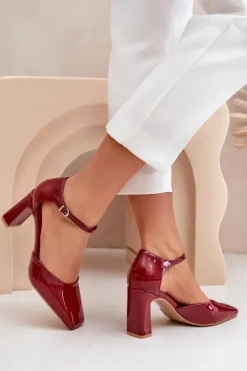 Czółenka Na Słupku Z Lakierowanej Eko Skóry Bordowe Emindria