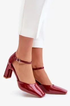 Czółenka Na Słupku Z Lakierowanej Eko Skóry Bordowe Emindria