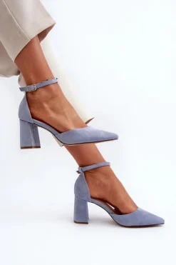 Czółenka Na Słupku Z Noskami W Szpic Eko Zamszowe Niebieskie Halene