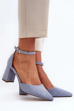 Czółenka Na Słupku Z Noskami W Szpic Eko Zamszowe Niebieskie Halene