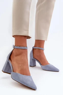 Czółenka Na Słupku Z Noskami W Szpic Eko Zamszowe Niebieskie Halene