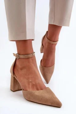 Czółenka Na Słupku Z Noskami W Szpic Eko Zamszowe Beżowe Halene