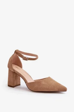 Czółenka Na Słupku Z Noskami W Szpic Eko Zamszowe Beżowe Halene