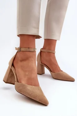 Czółenka Na Słupku Z Noskami W Szpic Eko Zamszowe Beżowe Halene