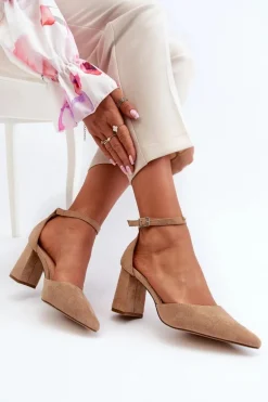 Czółenka Na Słupku Z Noskami W Szpic Eko Zamszowe Beżowe Halene