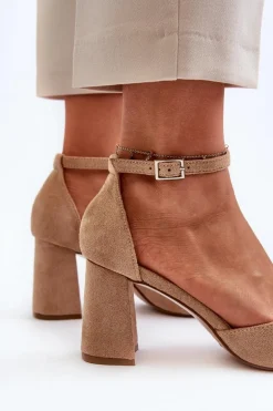 Czółenka Na Słupku Z Noskami W Szpic Eko Zamszowe Beżowe Halene