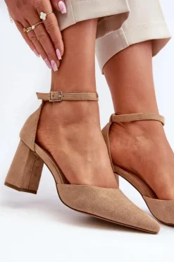 Czółenka Na Słupku Z Noskami W Szpic Eko Zamszowe Beżowe Halene