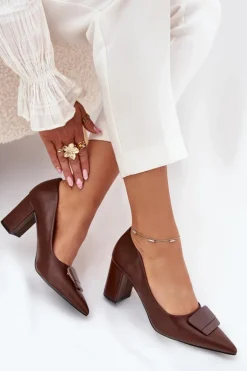 Czółenka Na Słupku Z Ozdobą Brązowe Celira