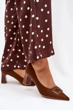 Czółenka Na Słupku Z Ozdobną Klamrą Brązowe Seriva