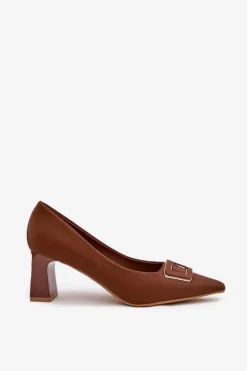 Czółenka Na Słupku Z Ozdobną Klamrą Brązowe Seriva