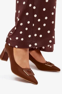 Czółenka Na Słupku Z Ozdobną Klamrą Brązowe Seriva