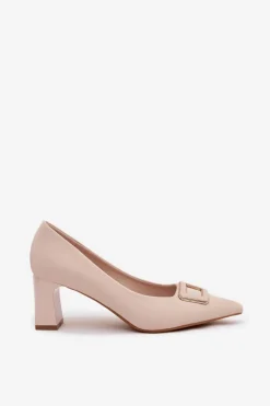 Czółenka Na Słupku Z Ozdobną Klamrą Beżowe Seriva