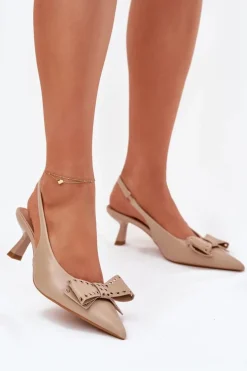 Czółenka Na Szpilce Z Kokardą Beżowe Folesca
