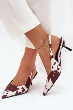 Czółenka Na Szpilce Z Odkrytą Piętą W Łaty Brązowo-Białe Talira