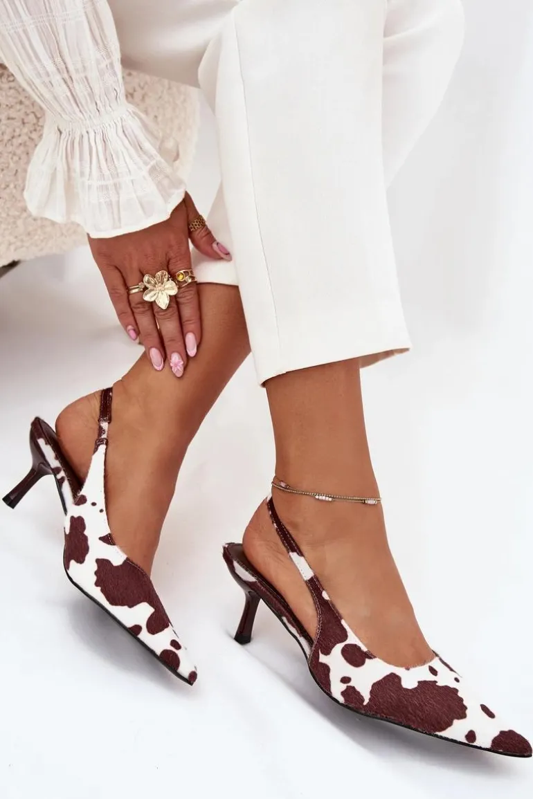 Czółenka Na Szpilce Z Odkrytą Piętą W Łaty Brązowo-Białe Talira