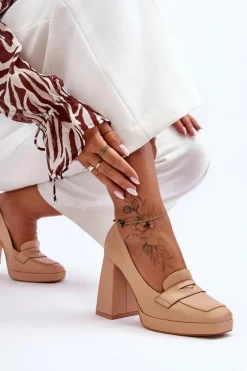 Czółenka Skórzane Na Wysokim Obcasie Nude Alisa