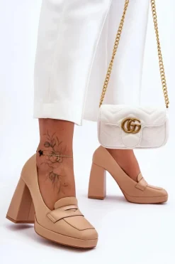 Czółenka Skórzane Na Wysokim Obcasie Nude Alisa