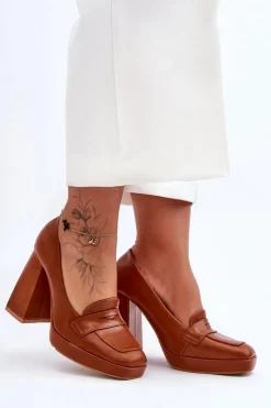 Czółenka Skórzane Na Wysokim Obcasie Camel Alisa