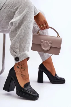 Czółenka Skórzane Na Wysokim Obcasie Czarne Alisa