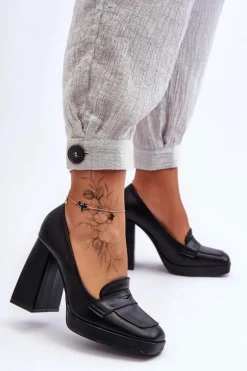 Czółenka Skórzane Na Wysokim Obcasie Czarne Alisa