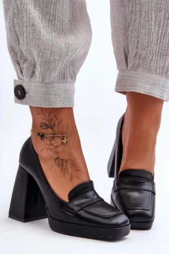 Czółenka Skórzane Na Wysokim Obcasie Czarne Alisa