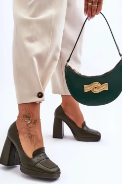 Czółenka Skórzane Na Wysokim Obcasie Zielone Alisa